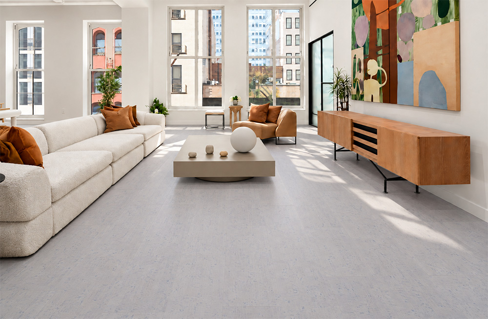 White Bamboo - 1/4&Quot; (6Mm) - Cork Glue Down Tile (Gwb6) White Bamboo Pale White Cork Flooring With Linear Grain Brightens A City-View Living Room With Colorful Art.
