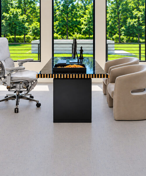 White Bamboo - 1/4&Quot; (6Mm) - Cork Glue Down Tile (Gwb6) White Bamboo White Linear-Grain Cork Flooring Spans A Garden-Facing Home Office With A Black Desk.
