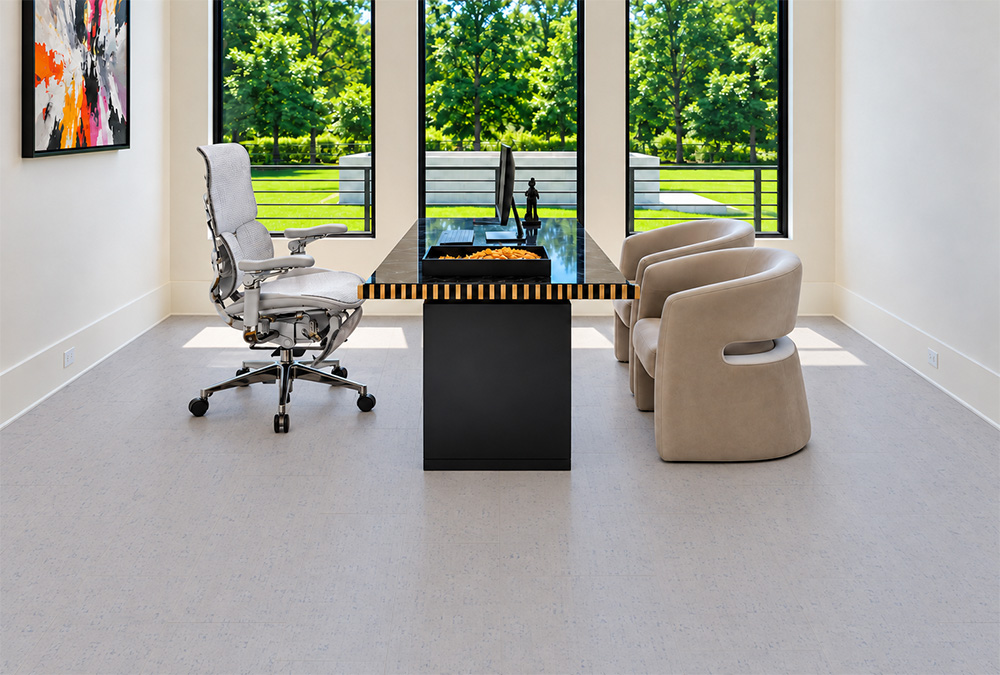 White Bamboo - 1/4&Quot; (6Mm) - Cork Glue Down Tile (Gwb6) White Bamboo White Linear-Grain Cork Flooring Spans A Garden-Facing Home Office With A Black Desk.