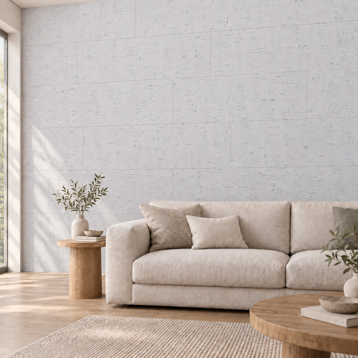 White Bamboo - 1/4&Quot; (6Mm) - Cork Glue Down Tile (Gwb6) White Bamboo Glue-Down Cork Tiles On A Living Room Accent Wall — Visualization