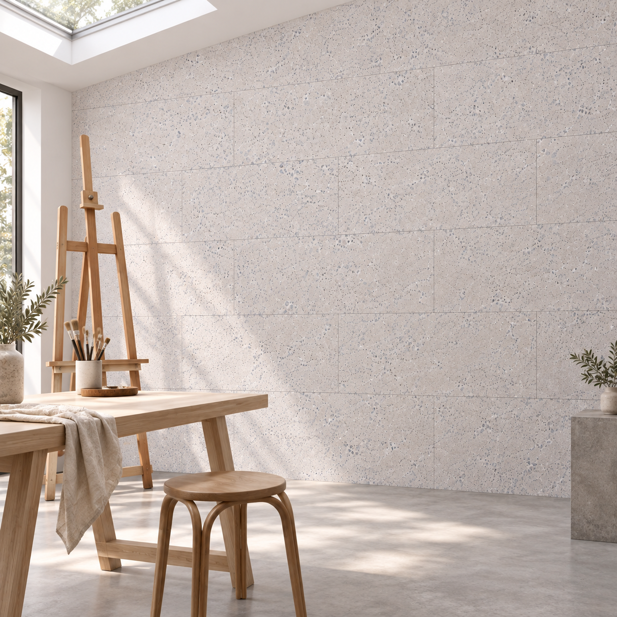 White Leather - 1/4&Quot; (6Mm) - Cork Glue Down Tile (Gwl6) White Leather Glue-Down Cork Tiles In A Artist'S Studio — Wall Application Visualization