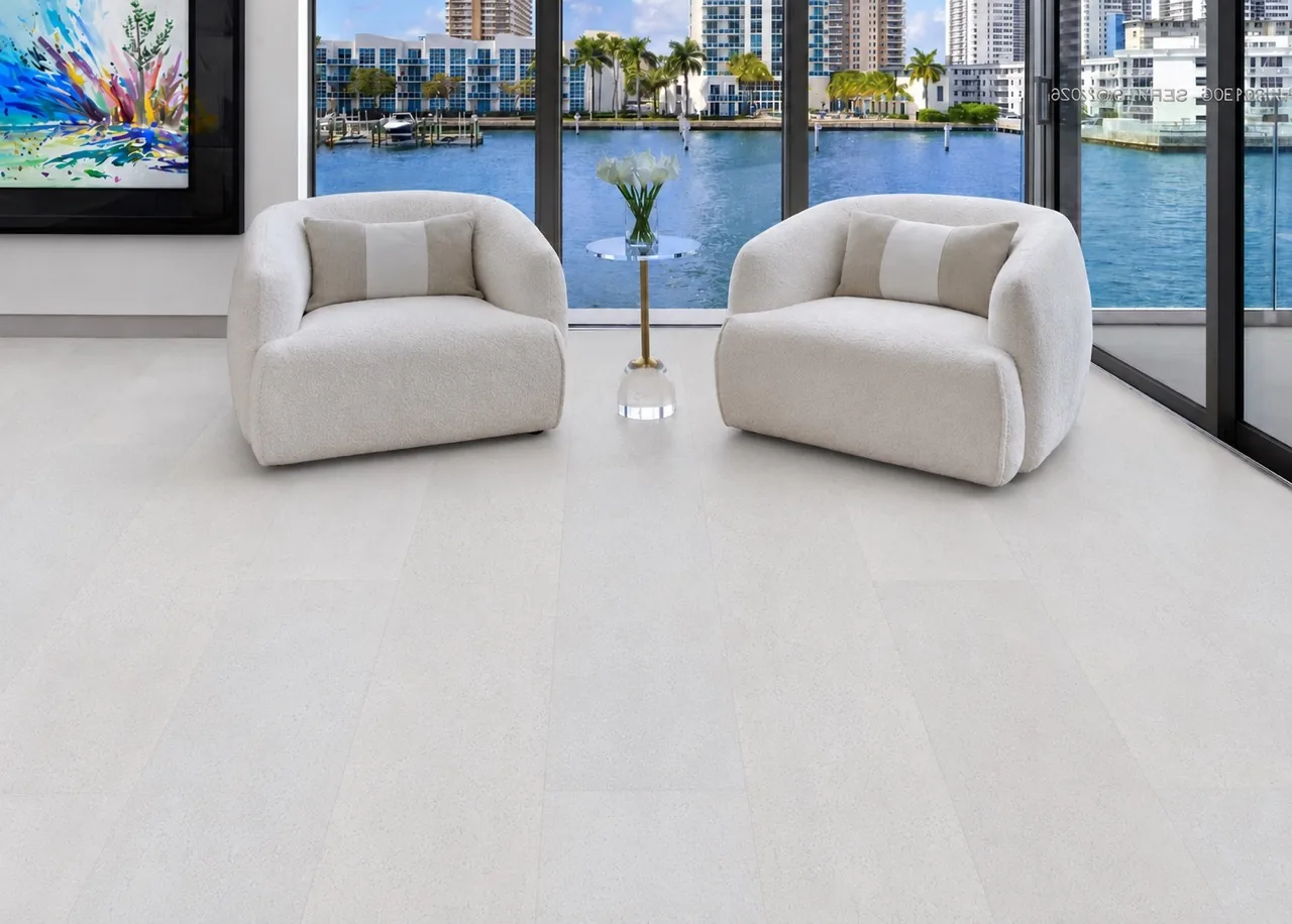 White Leather - 1/2&Quot; (12Mm) - Cork Floating (Fwl12) White Leather Cork Flooring In A Luxury Waterfront Living Room Featuring Seamless White Cork Planks And Modern Lounge Chairs.