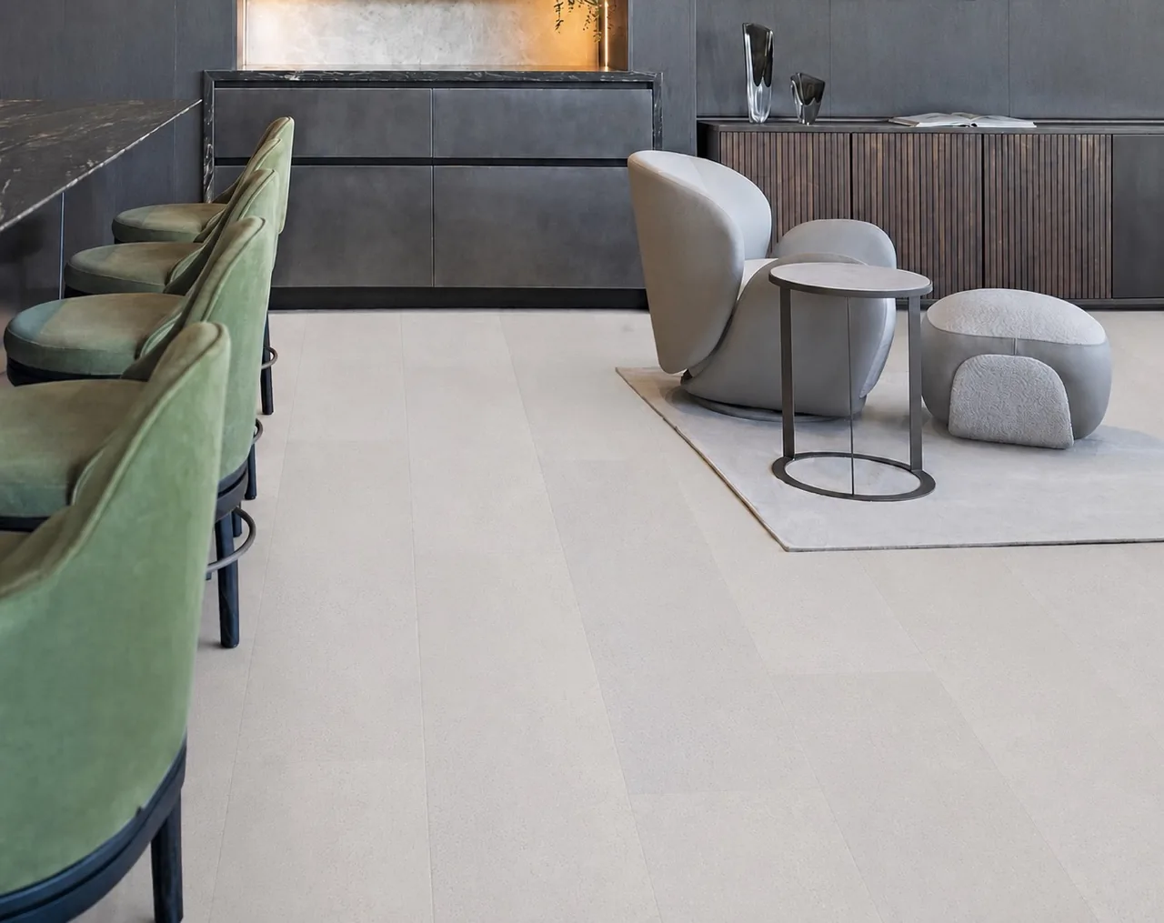 White Leather - 1/2&Quot; (12Mm) - Cork Floating (Fwl12) White Leather 12Mm Cork Floating Flooring Installed In A Modern Luxury Lounge With Green Velvet Bar Stools And Seamless White Cork Planks.