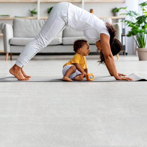 white leather cork flooring yoga with baby on warm soft in a home comfy floor coverings yoga room