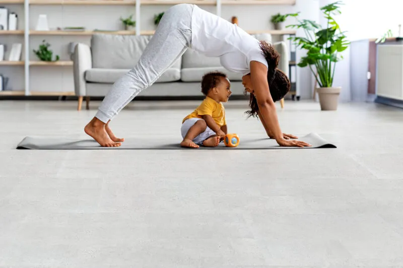 Yoga Flooring, Fitness Flooring And Cork Flooring White Leather Cork Flooring Yoga With Baby On Warm Soft In A Home Comfy Floor Coverings Yoga Room