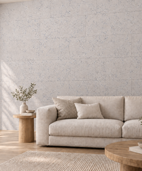 White Leather glue-down cork tiles on a living room accent wall — visualization
