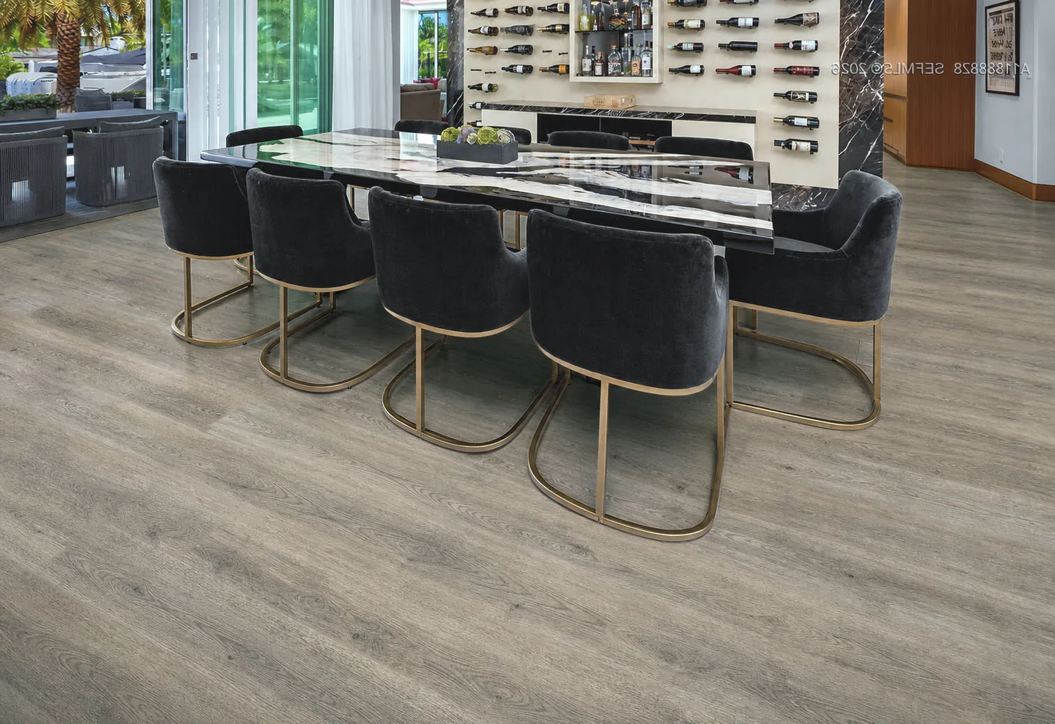 Wild Oak - 13/32&Quot; (10.5Mm) - Design Cork Floating (Fwo10.5) Wild Oak Medium-Gray Cork Flooring With Natural Wood-Grain Planks In A Home Bar And Kitchen.