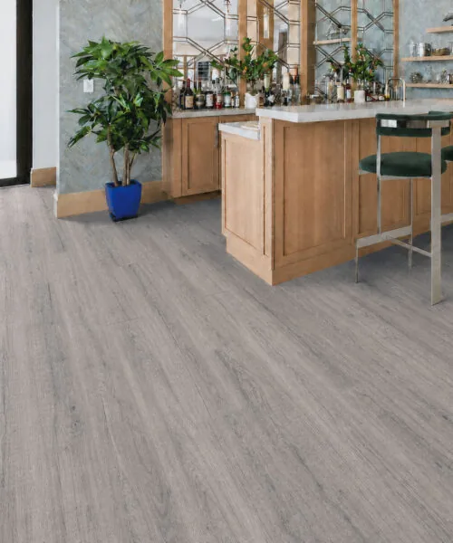Wild Oak - 13/32&Quot; (10.5Mm) - Design Cork Floating (Fwo10.5) Wild Oak Gray Cork Flooring With An Oak-Grain Pattern In A Dining Room And Wine Bar.