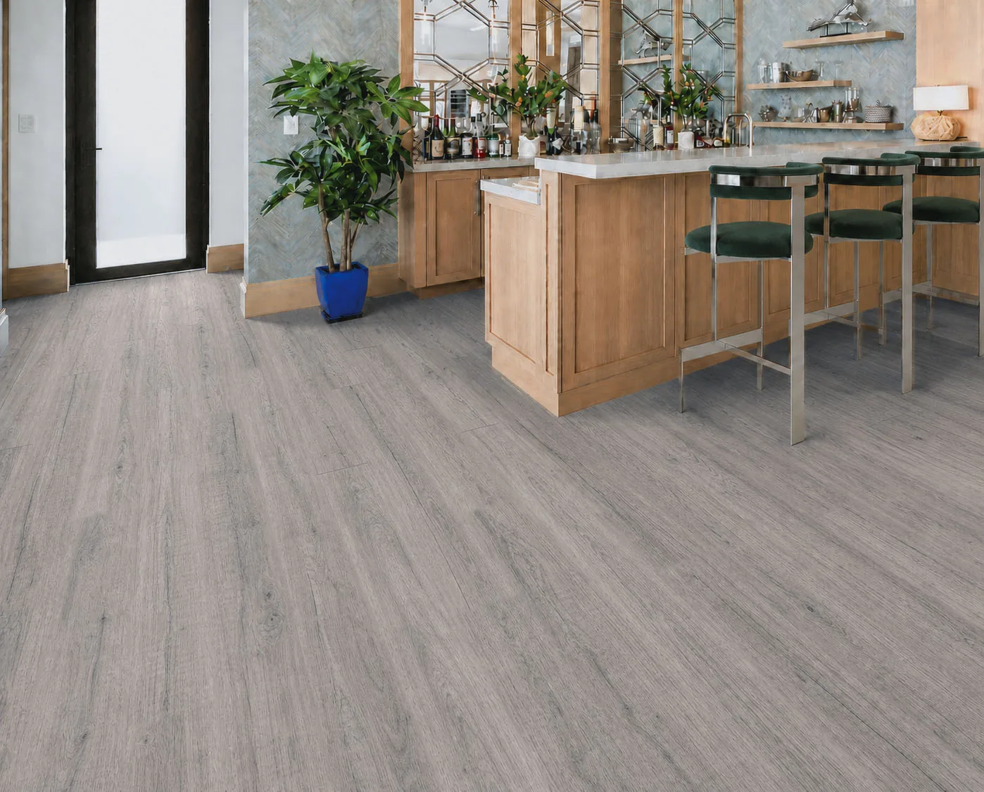 Wild Oak - 13/32&Quot; (10.5Mm) - Design Cork Floating (Fwo10.5) Wild Oak Gray Cork Flooring With An Oak-Grain Pattern In A Dining Room And Wine Bar.
