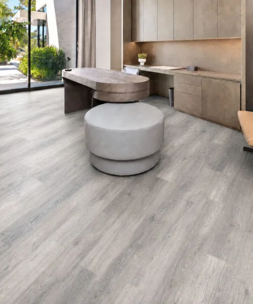 Wild Oak - 13/32&Quot; (10.5Mm) - Design Cork Floating (Fwo10.5) Wild Oak Gray Cork Plank Flooring In A Luxury Home Office With Contemporary Furnishings.