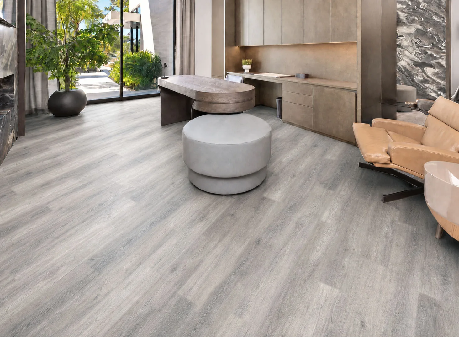 Wild Oak - 13/32&Quot; (10.5Mm) - Design Cork Floating (Fwo10.5) Wild Oak Gray Cork Plank Flooring In A Luxury Home Office With Contemporary Furnishings.