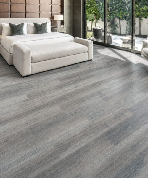 Wild Oak - 13/32&Quot; (10.5Mm) - Design Cork Floating (Fwo10.5) Wild Oak Gray Wood-Look Cork Flooring In A Modern Bedroom With Garden-Facing Windows
