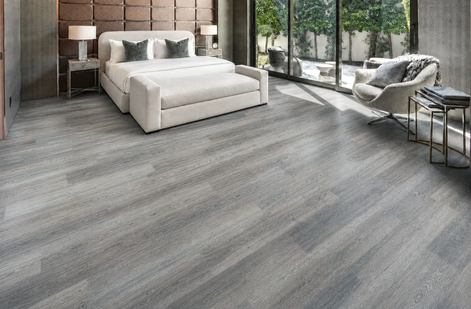 Wild Oak - 13/32&Quot; (10.5Mm) - Design Cork Floating (Fwo10.5) Wild Oak Gray Wood-Look Cork Flooring In A Modern Bedroom With Garden-Facing Windows