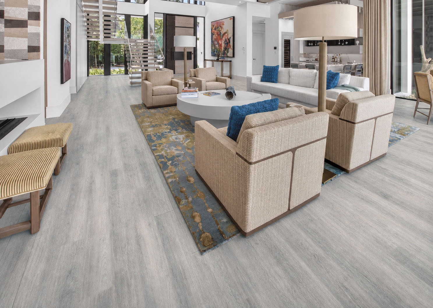 Wild Oak - 13/32&Quot; (10.5Mm) - Design Cork Floating (Fwo10.5) Wild Oak Light-Gray Cork Flooring In An Open-Concept Living Room With A Floating Staircase.