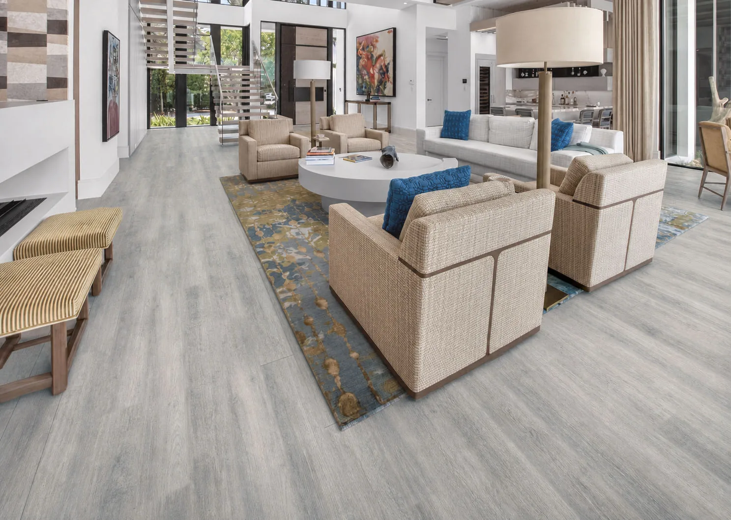 Wild Oak - 13/32&Quot; (10.5Mm) - Design Cork Floating (Fwo10.5) Wild Oak Light-Gray Cork Flooring In An Open-Concept Living Room With A Floating Staircase.