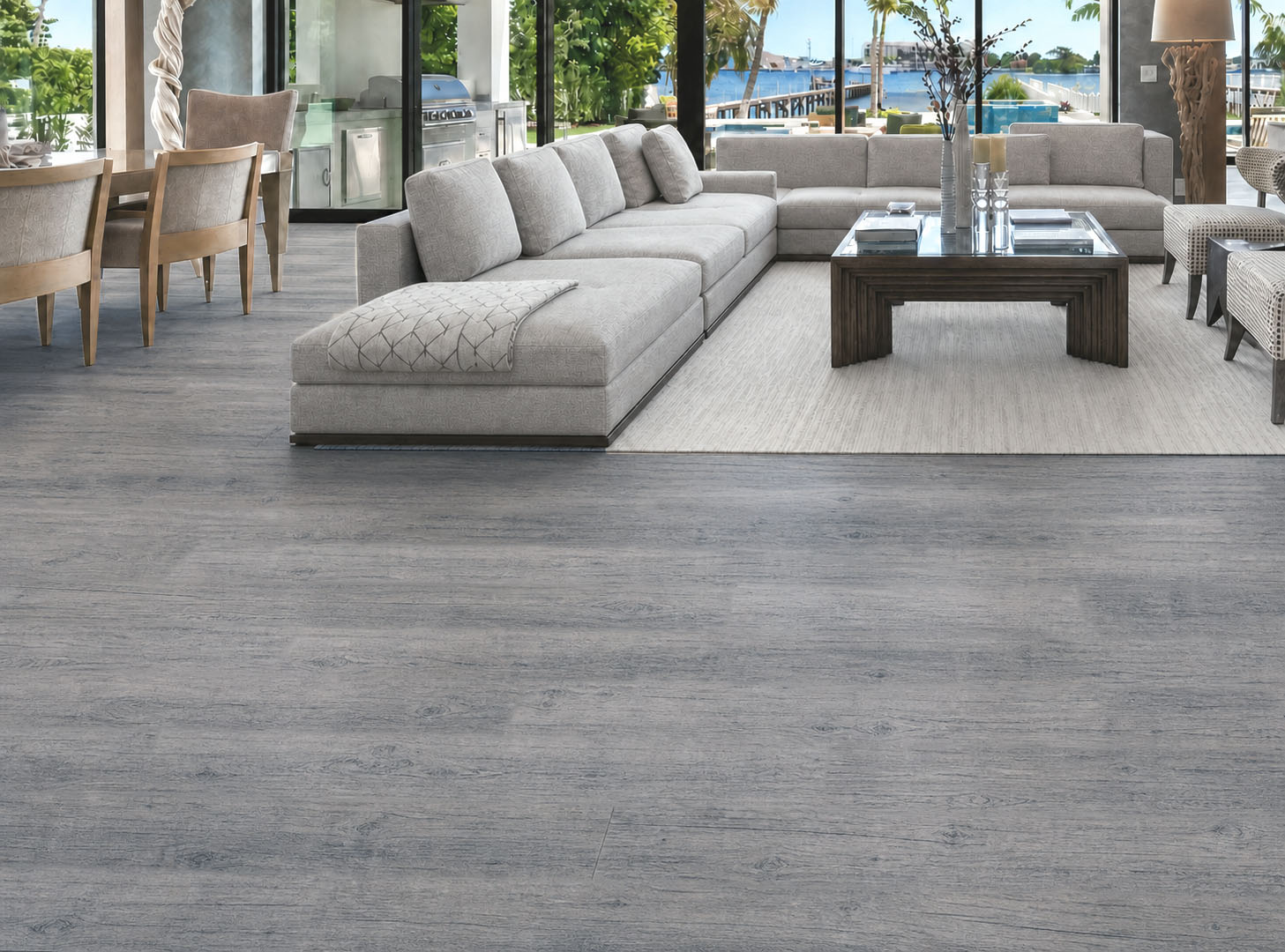 Wild Oak - 13/32&Quot; (10.5Mm) - Design Cork Floating (Fwo10.5) Wild Oak Gray Cork Floating Flooring With Wide Oak-Look Planks In An Open-Plan Living Room.