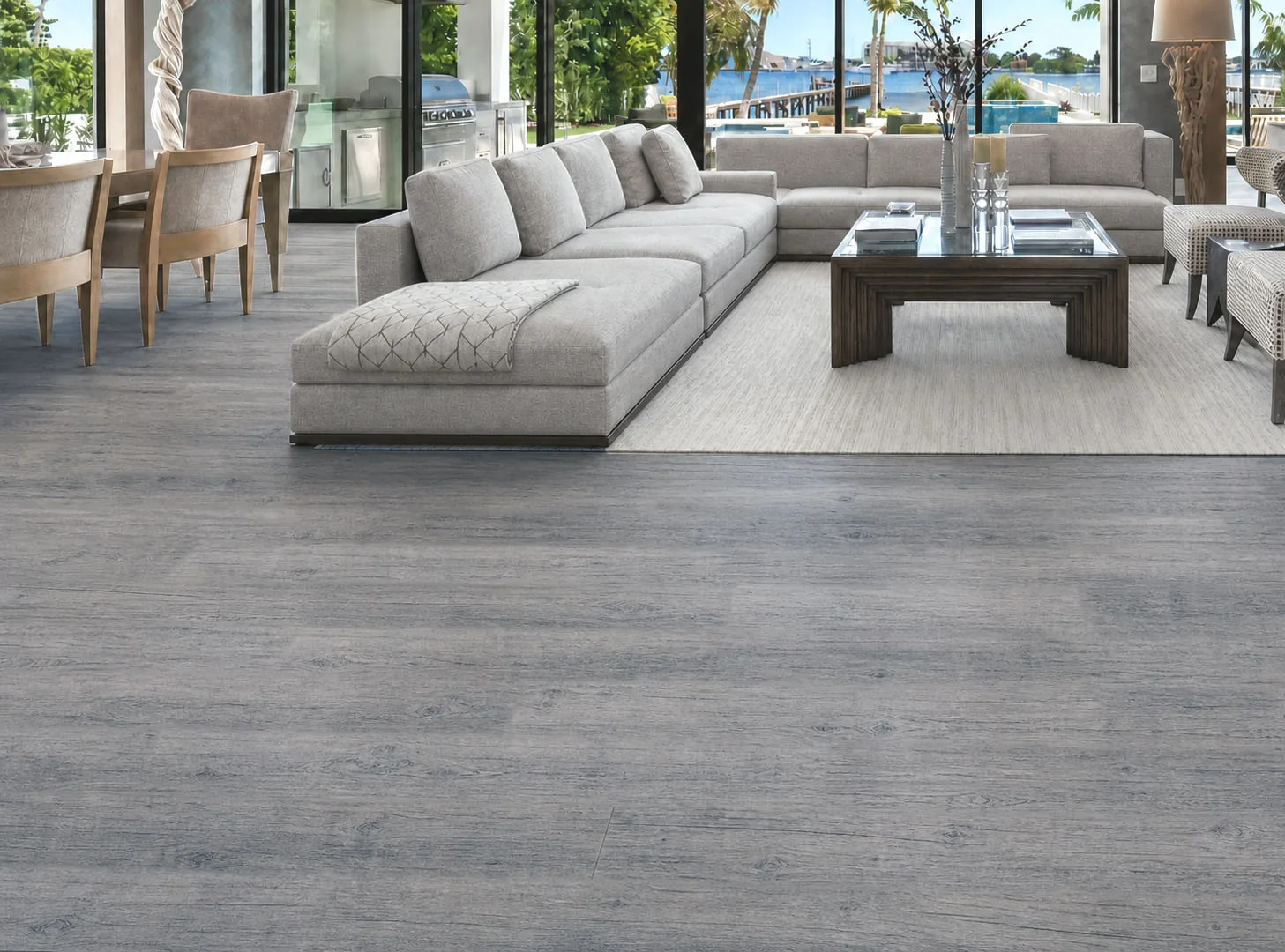 Wild Oak - 13/32&Quot; (10.5Mm) - Design Cork Floating (Fwo10.5) Wild Oak Gray Cork Floating Flooring With Wide Oak-Look Planks In An Open-Plan Living Room.