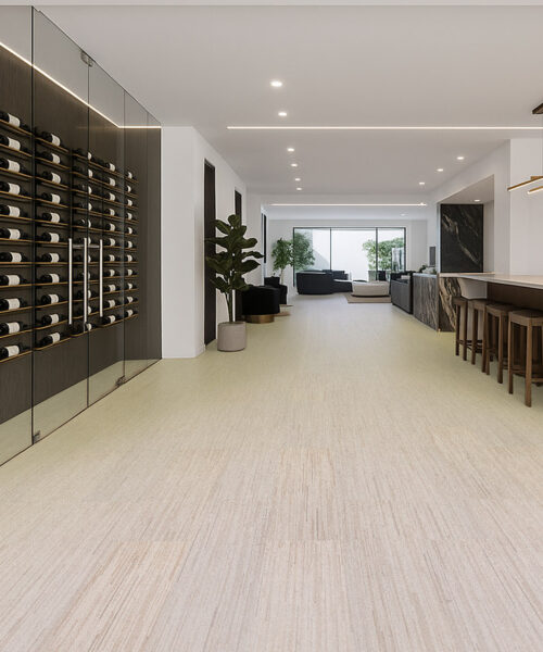 Vertical - 7/16&Quot; (11Mm) - Swiss Real Cork Floating (Fvtc11) Luxury Wine Cellar And Open-Concept Lounge With Vertical Swiss Cork Flooring, Combining Natural Texture With Modern Black Marble Accents And Built-In Wine Display.