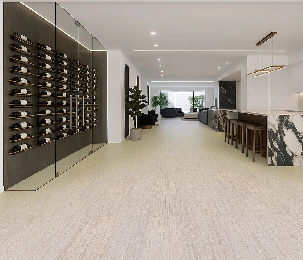Vertical - 7/16&Quot; (11Mm) - Swiss Real Cork Floating (Fvtc11) Luxury Wine Cellar And Open-Concept Lounge With Vertical Swiss Cork Flooring, Combining Natural Texture With Modern Black Marble Accents And Built-In Wine Display.
