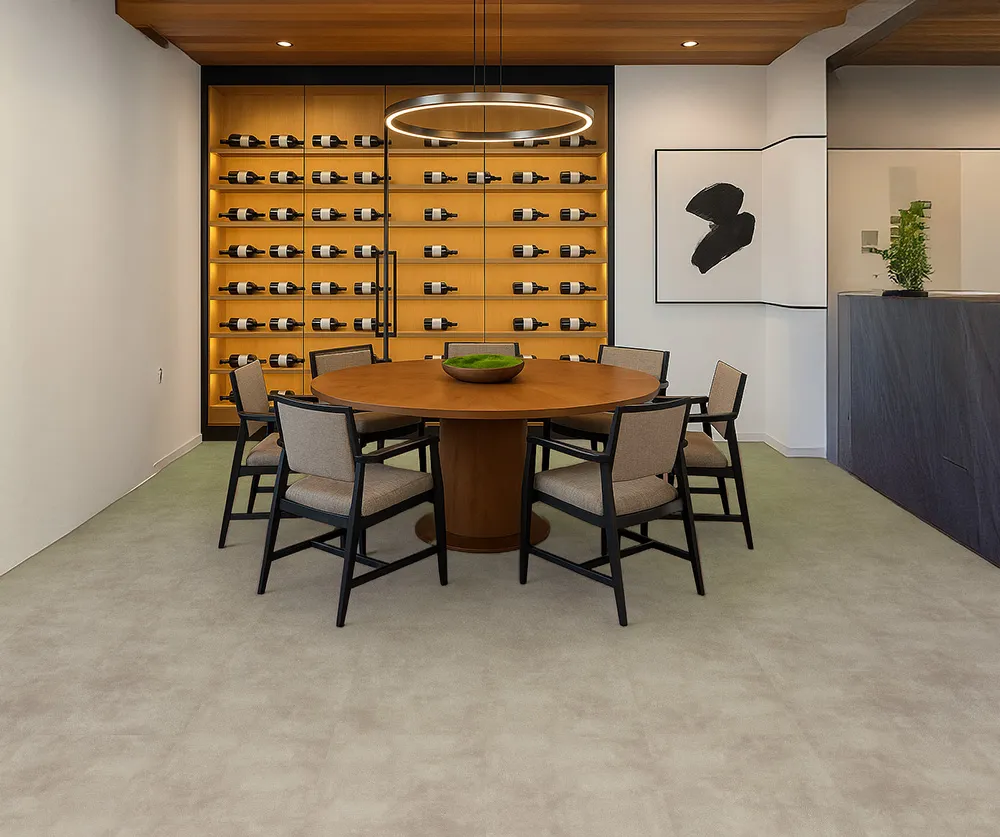 Elegant Wine Room With Copperstone Gray Swiss Real Linoleum Waterproof Basement Flooring And Warm Wood Shelving.