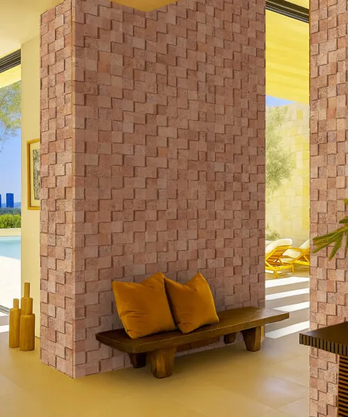 Entryway Design With Column Walls Covered In Wood Curb Cork Wall Tiles, Creating A Textured 3D Soundproof Surface That Adds Warmth, Acoustic Comfort, And Natural Style.