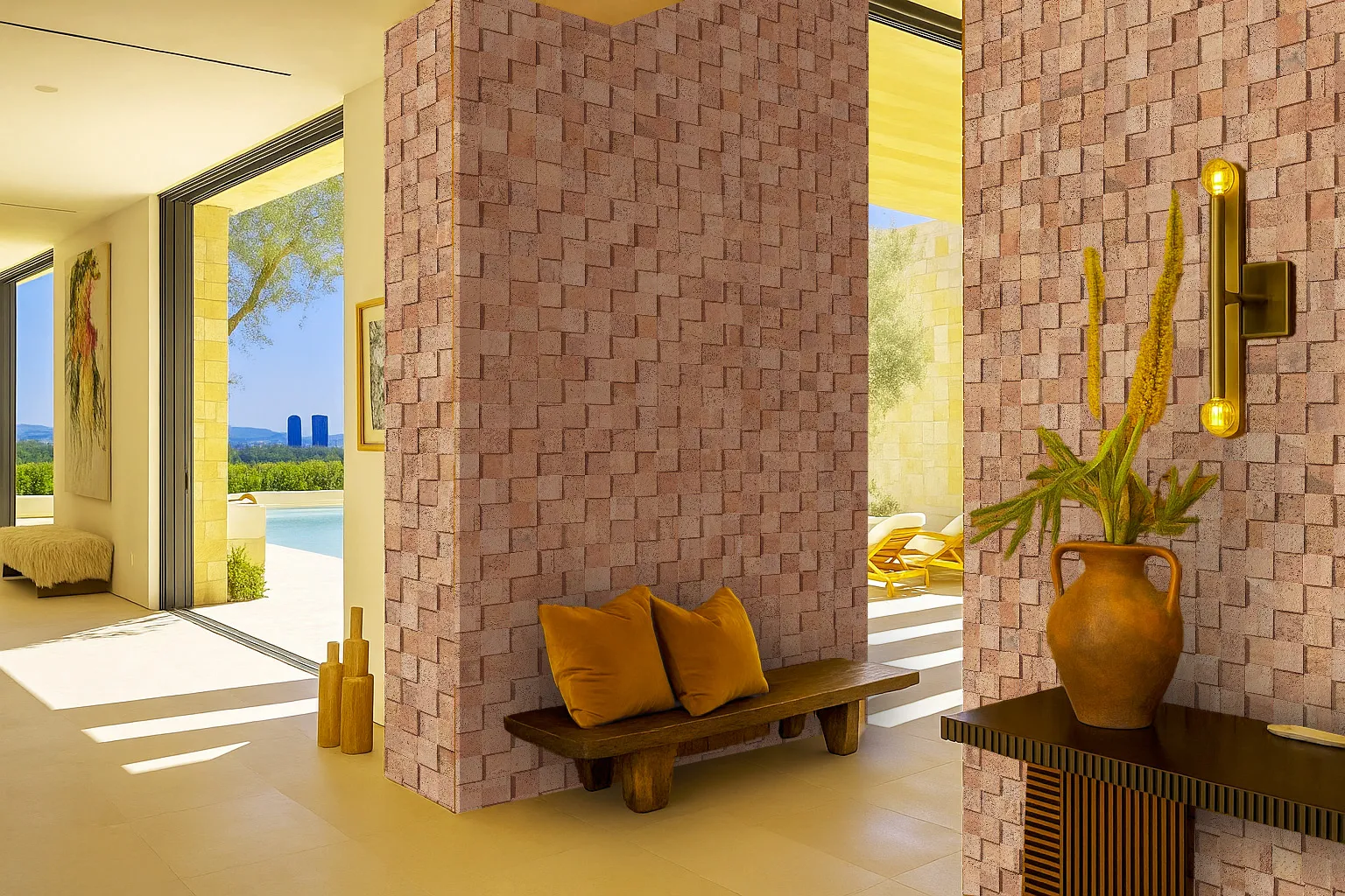 Entryway Design With Column Walls Covered In Wood Curb Cork Wall Tiles, Creating A Textured 3D Soundproof Surface That Adds Warmth, Acoustic Comfort, And Natural Style.