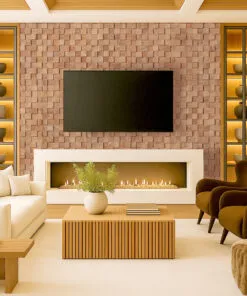 Wood Cubes - 25/64&Quot; (10Mm) - Cork Wall Tiles (Wwocu10) Modern Living Room With Wood Curb Cork Wall Tiles Used As A 3D Soundproof Feature Wall Behind A Fireplace And Tv, Showcasing Acoustic Cork Panels In Warm Natural Tones.
