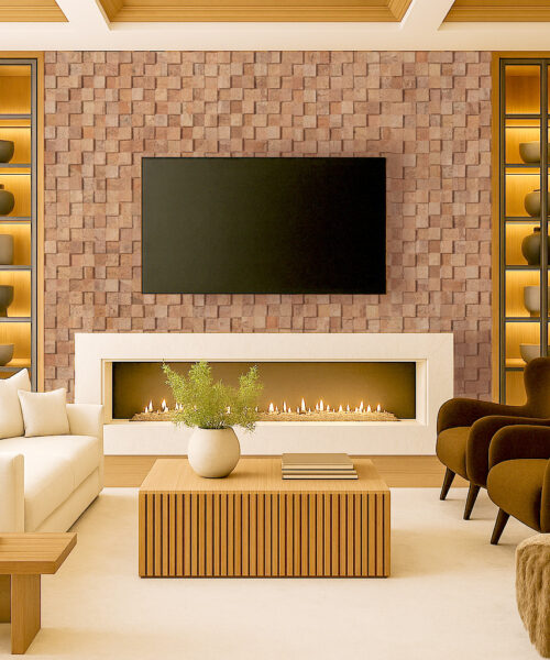 Modern Living Room With Wood Curb Cork Wall Tiles Used As A 3D Soundproof Feature Wall Behind A Fireplace And Tv, Showcasing Acoustic Cork Panels In Warm Natural Tones.