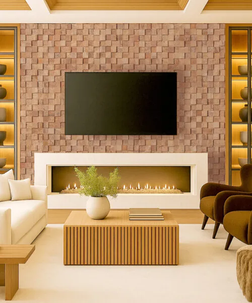 Wood Cubes - 25/64&Quot; (10Mm) - Cork Wall Tiles (Wwocu10) Modern Living Room With Wood Curb Cork Wall Tiles Used As A 3D Soundproof Feature Wall Behind A Fireplace And Tv, Showcasing Acoustic Cork Panels In Warm Natural Tones.