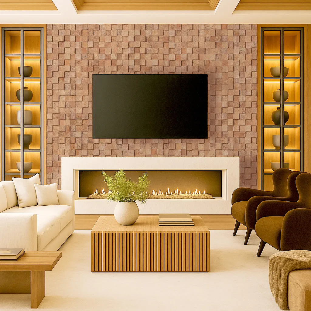 Modern Living Room With Wood Curb Cork Wall Tiles Used As A 3D Soundproof Feature Wall Behind A Fireplace And Tv, Showcasing Acoustic Cork Panels In Warm Natural Tones.