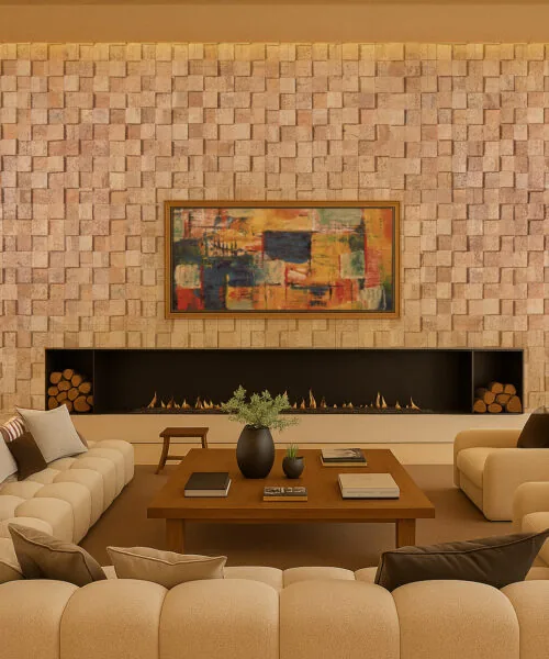 Wood Cubes - 25/64&Quot; (10Mm) - Cork Wall Tiles (Wwocu10) Contemporary Lounge Interior Featuring Wood Curb Cork Wall Tiles As A Full Acoustic Soundproof Accent Wall With 3D Texture And Warm Beige Tones, Decorated With Colorful Abstract Artwork.