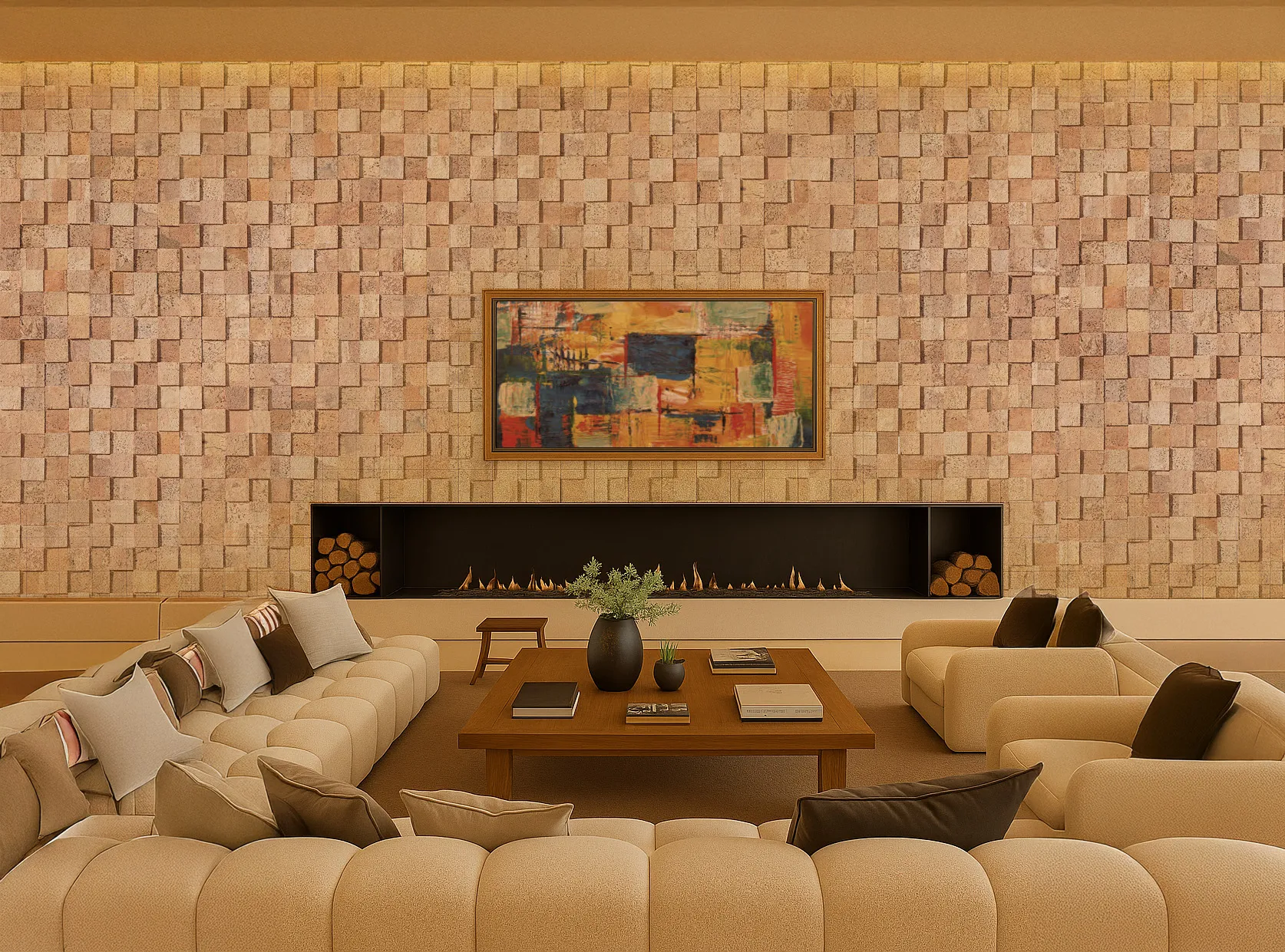 Contemporary Lounge Interior Featuring Wood Curb Cork Wall Tiles As A Full Acoustic Soundproof Accent Wall With 3D Texture And Warm Beige Tones, Decorated With Colorful Abstract Artwork.
