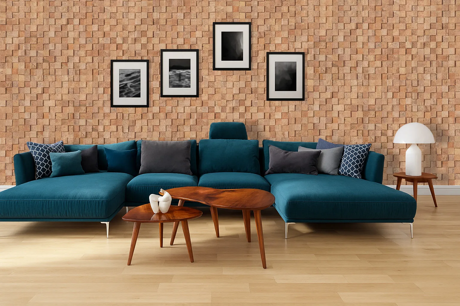 Modern Living Room With A Large Blue Sofa And A Feature Wall Of Wood Curb Cork Wall Tiles, Providing 3D Texture, Soundproofing, And Natural Acoustic Enhancement.
