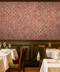 Wood Cubes - 25/64&Quot; (10Mm) - Cork Wall Tiles (Wwocu10) Restaurant Dining Room Featuring Wood Curb Cork Wall Tiles As A Soundproof Acoustic Backdrop, Adding Warmth, Elegance, And Noise Reduction Through Natural Cork 3D Panels.