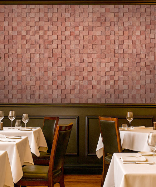 Restaurant Dining Room Featuring Wood Curb Cork Wall Tiles As A Soundproof Acoustic Backdrop, Adding Warmth, Elegance, And Noise Reduction Through Natural Cork 3D Panels.