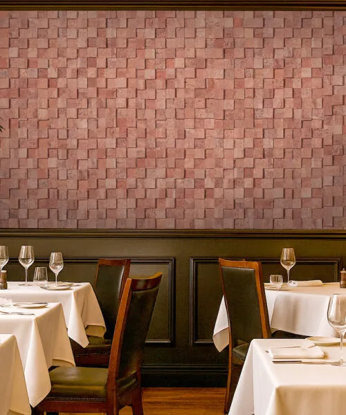 Wood Cubes - 25/64&Quot; (10Mm) - Cork Wall Tiles (Wwocu10) Restaurant Dining Room Featuring Wood Curb Cork Wall Tiles As A Soundproof Acoustic Backdrop, Adding Warmth, Elegance, And Noise Reduction Through Natural Cork 3D Panels.
