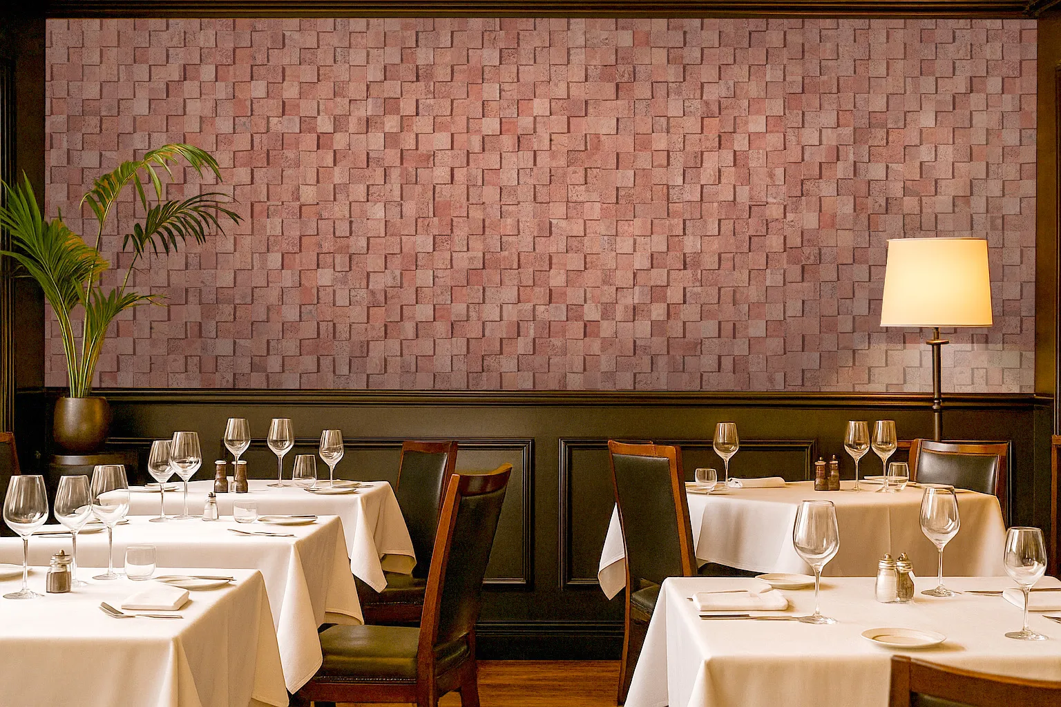 Restaurant Dining Room Featuring Wood Curb Cork Wall Tiles As A Soundproof Acoustic Backdrop, Adding Warmth, Elegance, And Noise Reduction Through Natural Cork 3D Panels.