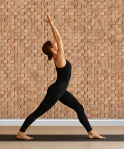 Yoga Studio With A Full Wall Of Wood Curb Cork Wall Tiles Offering Natural Sound Absorption, Acoustic Comfort, And Warm 3D Decorative Texture For A Calming Practice Environment.