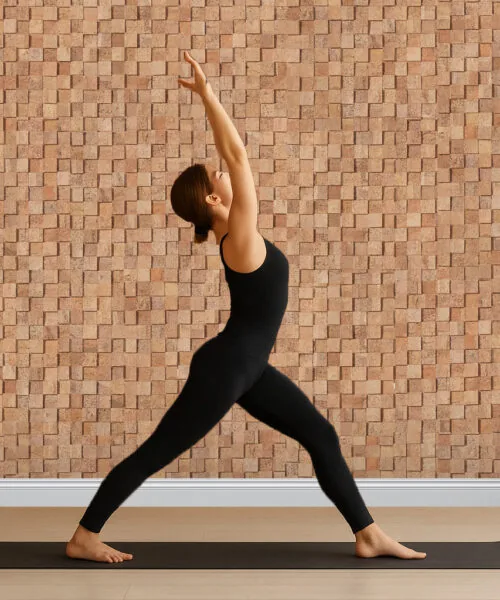 Wood Cubes - 25/64&Quot; (10Mm) - Cork Wall Tiles (Wwocu10) Yoga Studio With A Full Wall Of Wood Curb Cork Wall Tiles Offering Natural Sound Absorption, Acoustic Comfort, And Warm 3D Decorative Texture For A Calming Practice Environment.