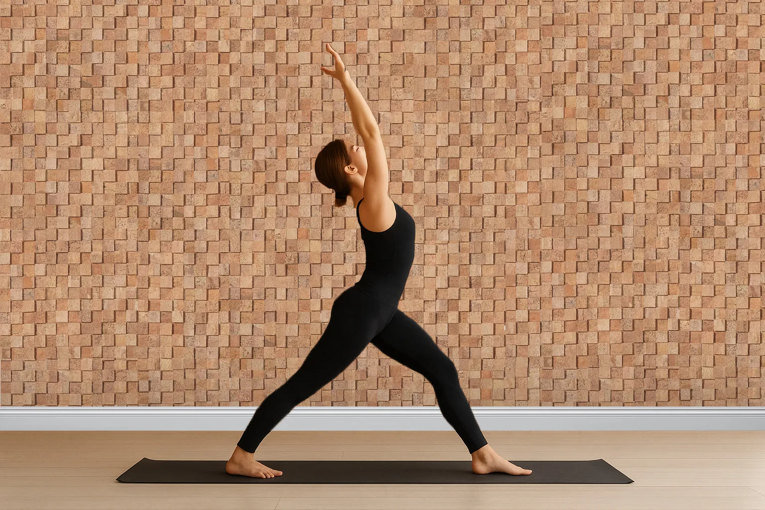 Yoga Studio With A Full Wall Of Wood Curb Cork Wall Tiles Offering Natural Sound Absorption, Acoustic Comfort, And Warm 3D Decorative Texture For A Calming Practice Environment.