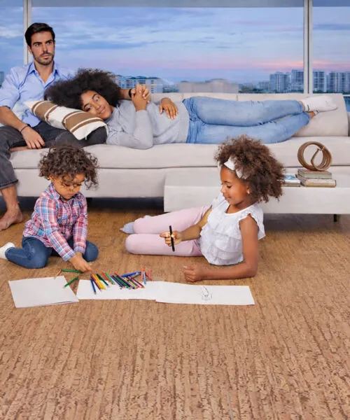 Woodflow - 1/2&Quot; (12Mm) - Cork Floating (Fwof12) Family Living Room With Woodflow Cork Flooring, Showing A Soft And Comfortable Surface For Everyday Living