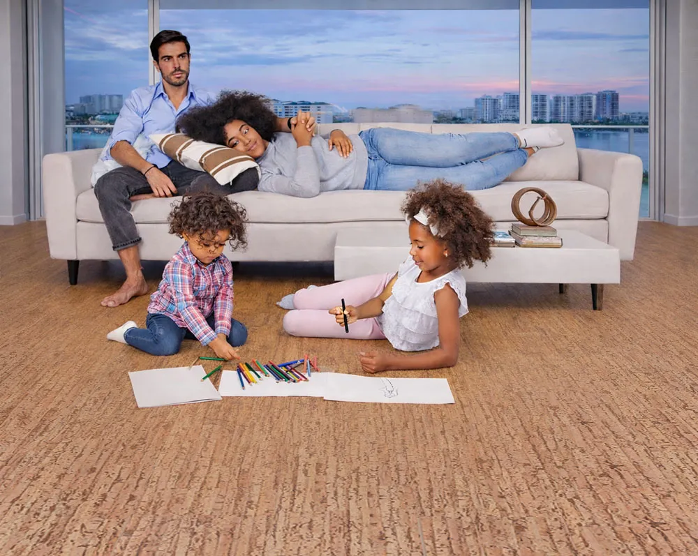 Woodflow - 1/2&Quot; (12Mm) - Cork Floating (Fwof12) Family Living Room With Woodflow Cork Flooring, Showing A Soft And Comfortable Surface For Everyday Living