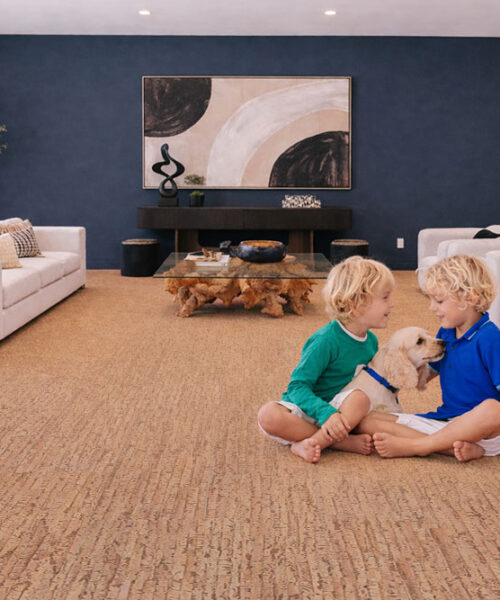 Woodflow - 1/2&Quot; (12Mm) - Cork Floating (Fwof12) Pet-Friendly Living Room With Woodflow Cork Flooring, Offering Comfort, Warmth, And Easy Maintenance
