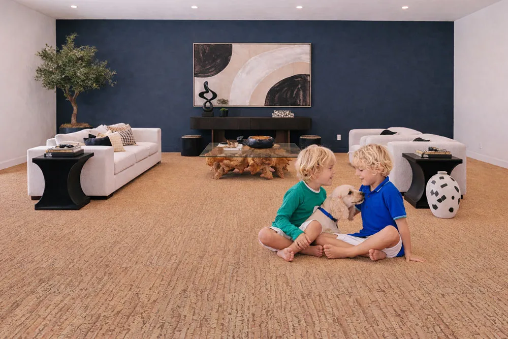 Woodflow - 1/2&Quot; (12Mm) - Cork Floating (Fwof12) Pet-Friendly Living Room With Woodflow Cork Flooring, Offering Comfort, Warmth, And Easy Maintenance