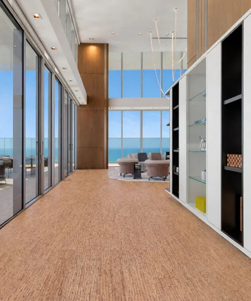 Woodflow - 1/2&Quot; (12Mm) - Cork Floating (Fwof12) Modern Corridor Featuring Woodflow Cork Flooring With Floor-To-Ceiling Glass And Natural Light