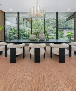 Contemporary dining room with Woodflow cork flooring and warm, natural wood tones