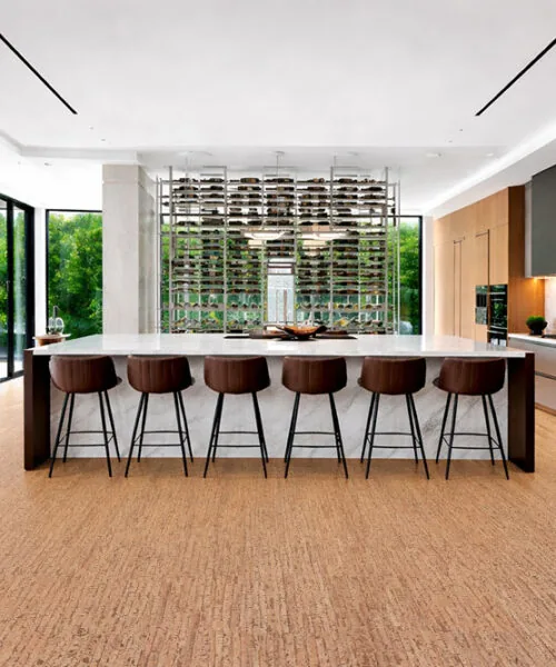 Modern kitchen with Woodflow cork flooring, combining natural warmth and durable performance