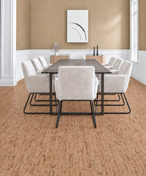 Natural-Brown Woodflow Cork Flooring With Linear Grain Complements A Formal Dining Room With White Wainscoting.